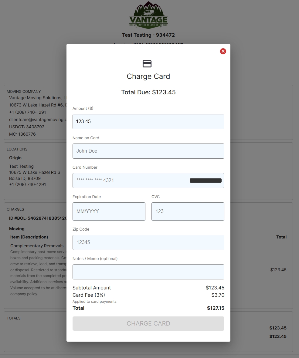 Moving Services Estimate Example Payment Information – Vantage Resource & Trust Center
